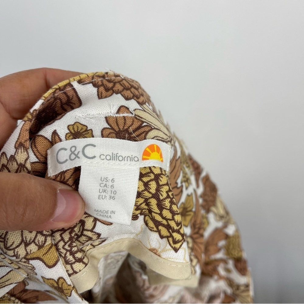 NEW C&C California Brown Floral Linen Paperbag High Waist Shorts Women's Size 6 - Picture 7 of 7